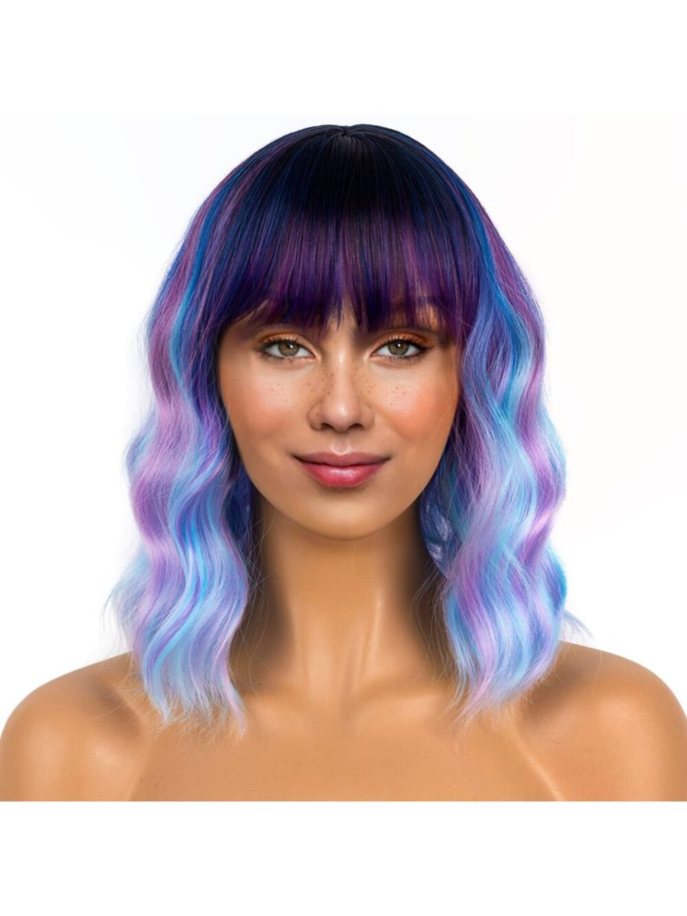 Women's Colorful 12 Inch Loose Wavy Synthetic Shoulder Length Bob Wig Bangs